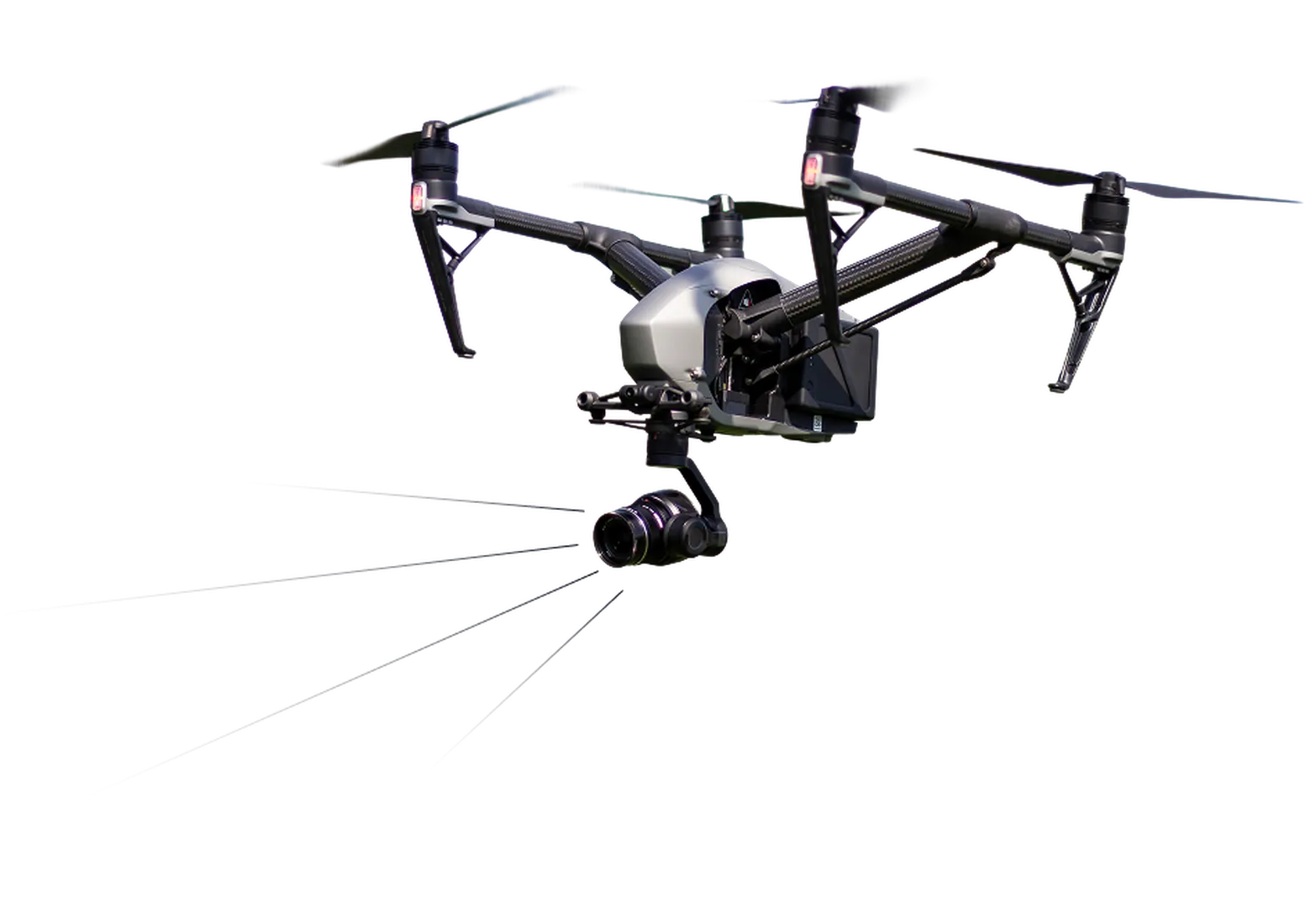 Quadcopter drone with a camera hovering against a black background. The drone's sleek design and illuminated lights convey a sense of advanced technology.
